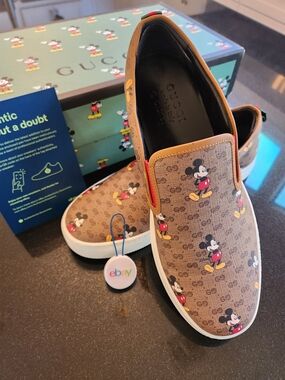 Authentic New Gucci Brown GG Mickey Mouse Slip-On Sneakers size G9/US9.5-10